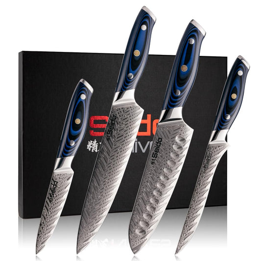 Seido Knives 4-Piece Kanpeki VG10 Damascus Steel Knife Set - Professional Chef Knife Set with Blue Handle - Includes Chef Knife