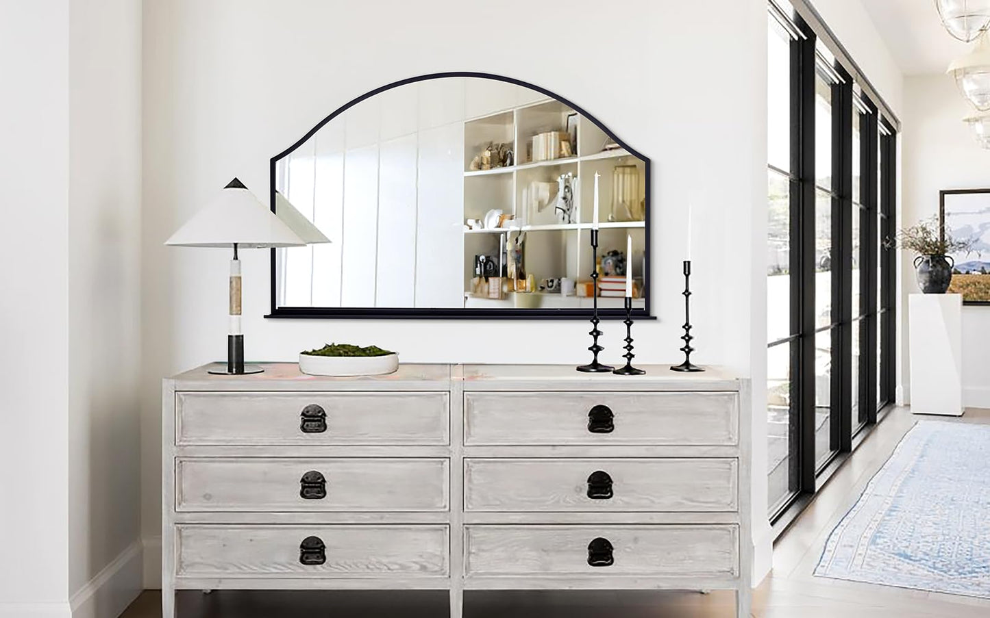 Chende 47''x32'' Large Wall Mirrors for Decor, Black Bathroom Mirror with Removable Shelf, Elegant Scallopd Mirror with Arched Frame for Entryway, Living Room, Mantel, Bedroom