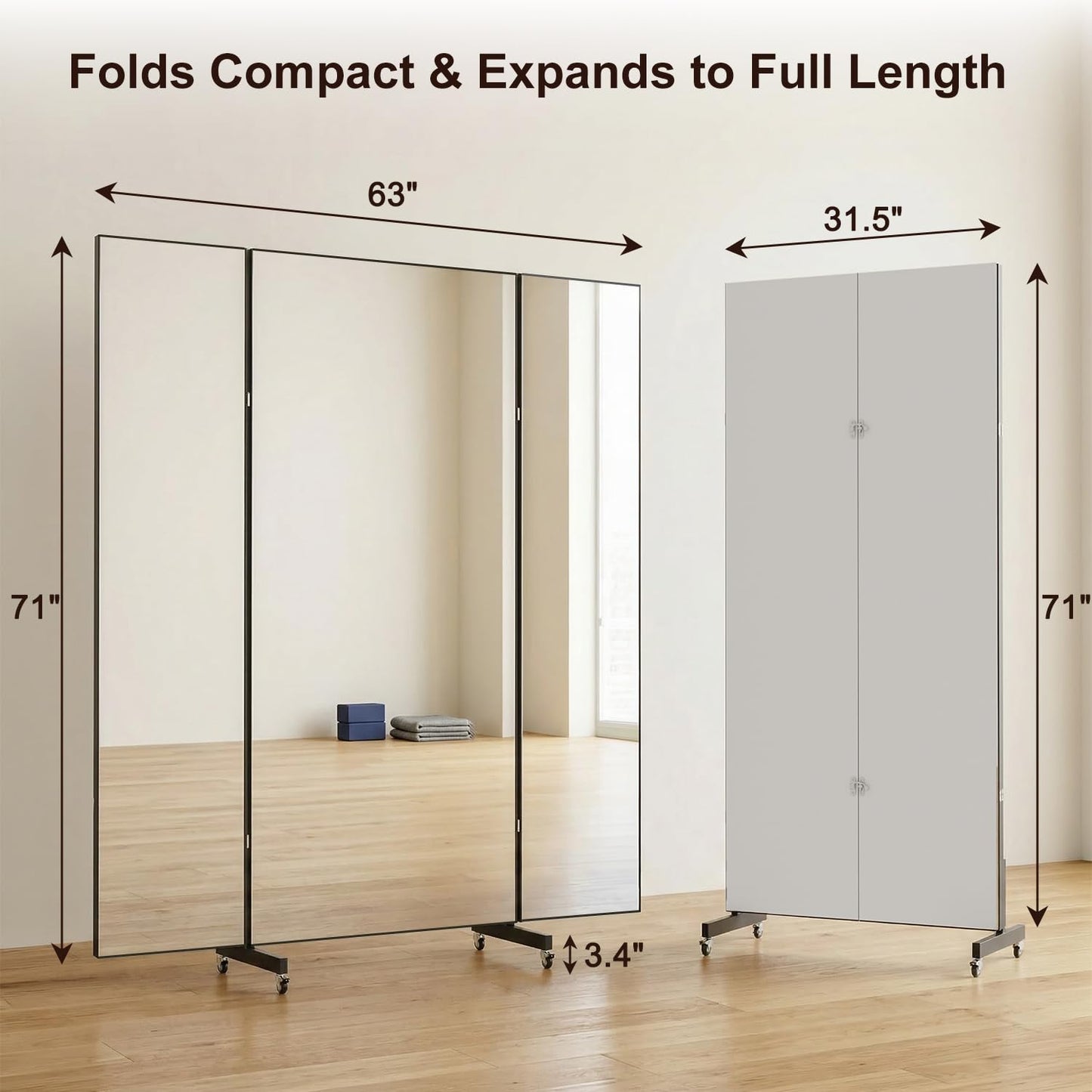 HDmuxel Full Length Mirror with 360° Wheels, 63" x 71" Foldable Floor Mirror with Nano-Tech Shatterproof Film - Ultra-Large Mobile Mirror for Home Gym, Dance Studio & Commercial Spaces (Black)