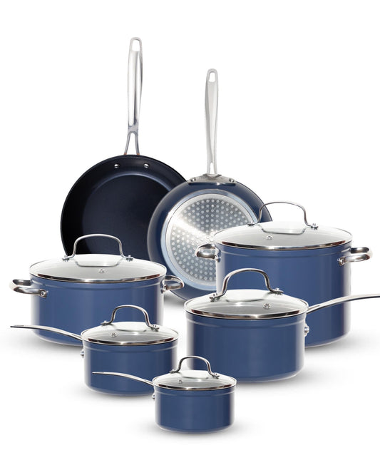 Nuwave Healthy G11-Pots and Pans Set Non Stick, 9H Near-Diamond Hardness Scratch-Resistant, Works on All Stovetops, PFAS Free, with Frying Pans, Saucepans & Glass Lids, Stay-Cool Handles, Deep Blue