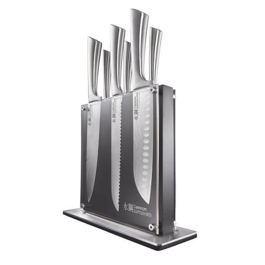 Cuisine::pro Damashiro Knife Block (Kumi, 7-Piece Chef Knife Set) - Japanese Steel Knife - Magnetic Knife Block- Damascus-Inspired Blade Kitchen Knives