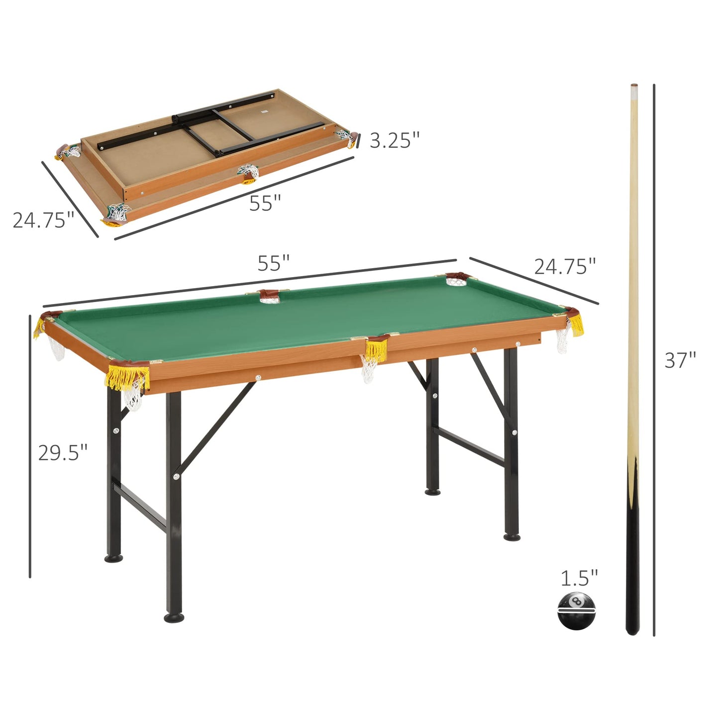 ComeWay 55" Portable Billiards Table with All Accessories, Foldable Pool Game Table for Whole Family Number Use with Cues, Ball, Rack, Chalk - Green