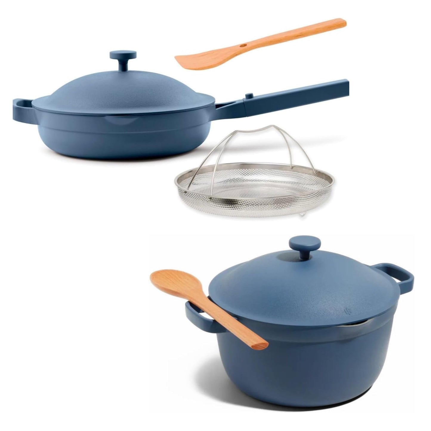 Our Place Cookware Duo | 7-Piece Ceramic Cookware Set with 10.5" Always Pan 2.0, 5.5 Qt Perfect Pot & Strainer Basket | Induction & Oven Safe up to 450°F | Nonstick, Non-Toxic Cookware | Blue Salt