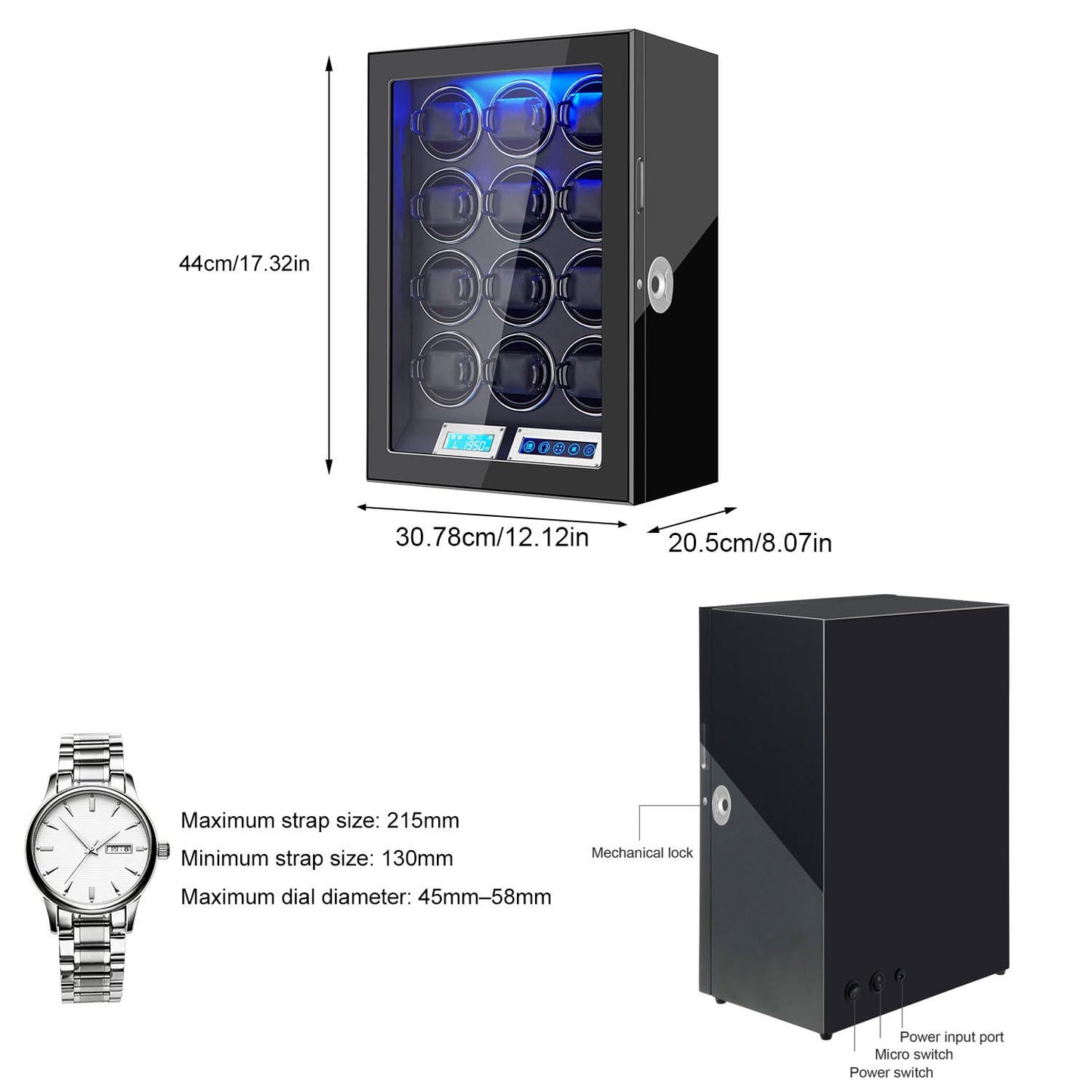 GCCRGRC Watch Winder 12 Slots Automatic Watches,Ultra-Quiet Japanese Motors, Built-in LED Illumination and LCD Touchscreen Control-Fingerprint Lock