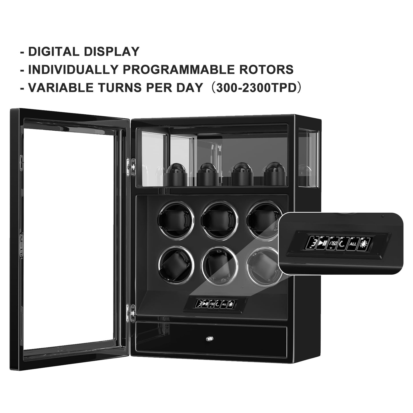 DUKWIN Watch Winder, Fingerprint Lock Automatic Watch Winder for 6 Watches with 4 Holders,300-2300 TPD,Digital Display, Remote Control,Jewelry Storage and Adjustable Watch Pillow and LED Light,Black