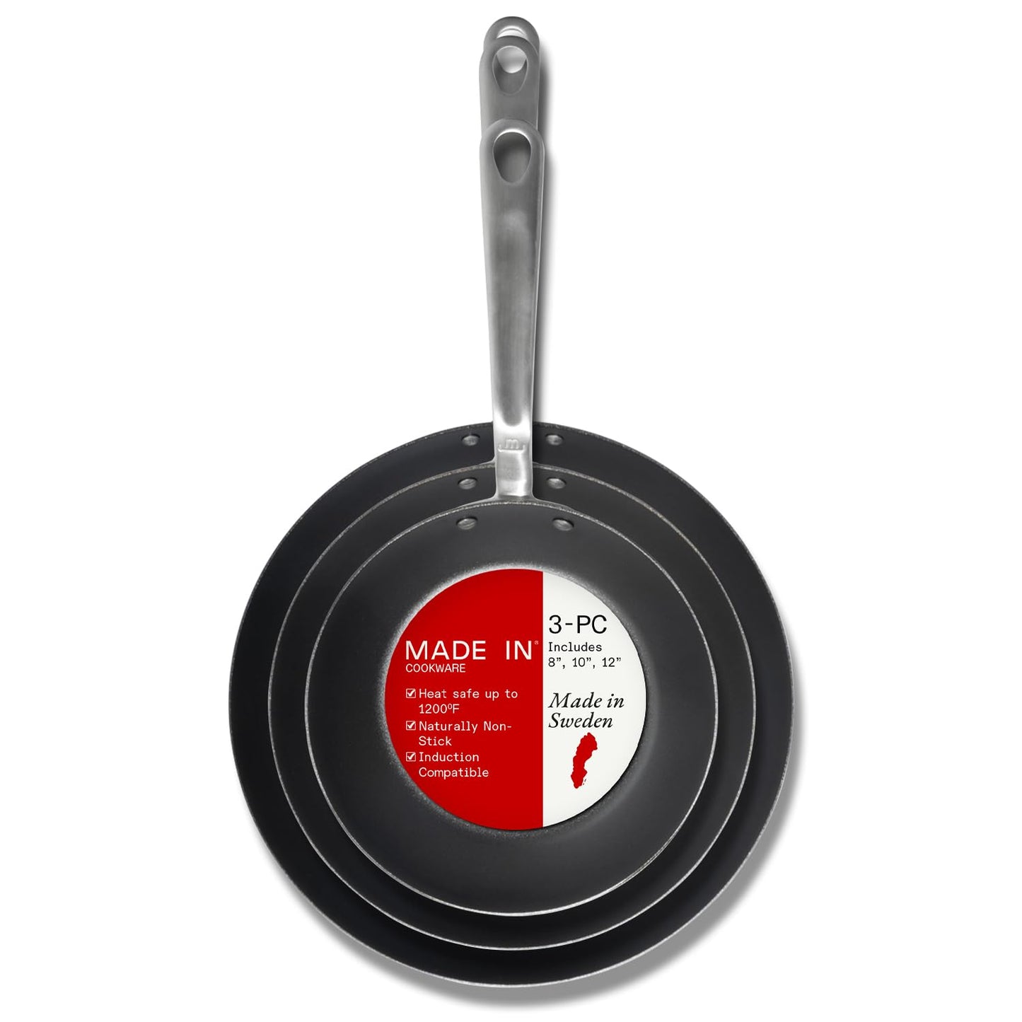 Made In Cookware | 3 Piece (Includes 8",10",12") Seasoned Blue Carbon Steel Frying Pan | Professional Cookware | Crafted in Sweden | Induction Compatible