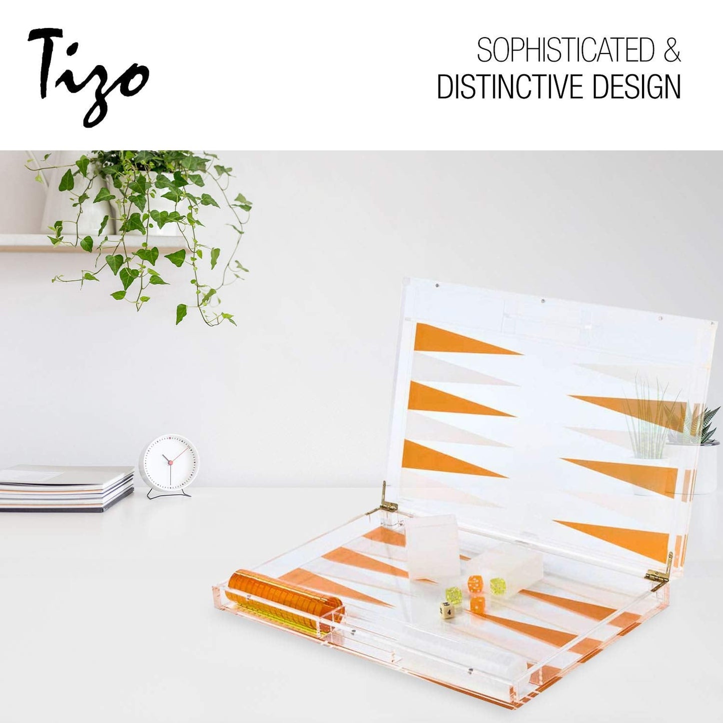 TIZO Elegant 18” Lucite Backgammon Set, Lucite Chips & Cups with Magnetic Closure, Elegant & Practical Boutique Quality Home Décor, Clear, Black & White