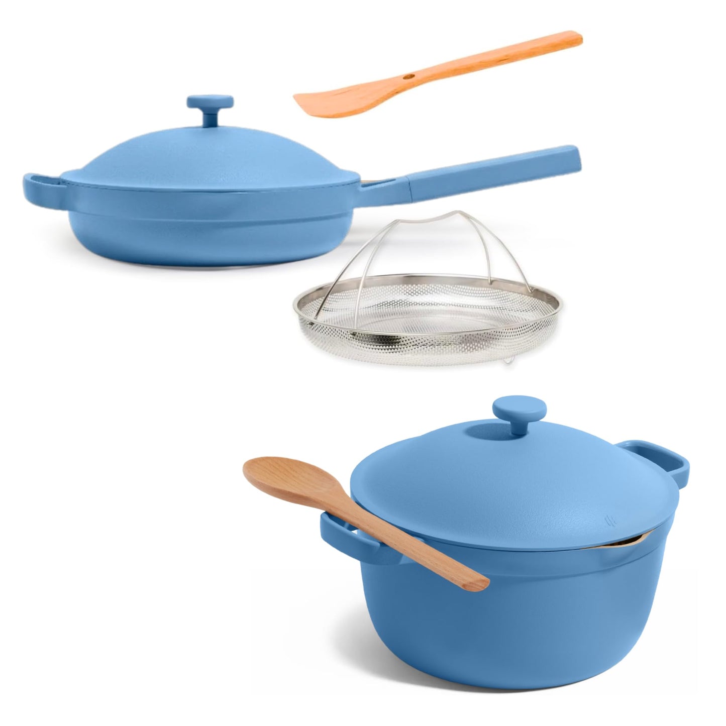 Our Place Cookware Duo | 7-Piece Ceramic Cookware Set with 10.5" Always Pan 2.0, 5.5 Qt Perfect Pot & Strainer Basket | Induction & Oven Safe up to 450°F | Nonstick, Non-Toxic | Forget-Me-Not Blue