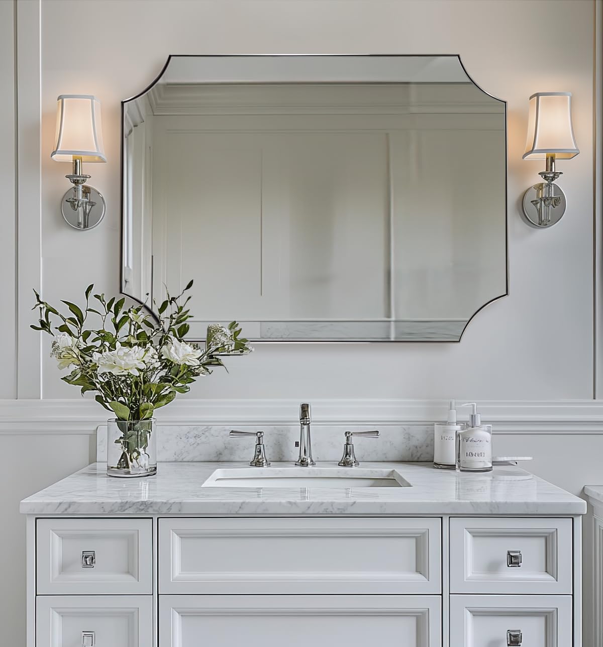 ANDY STAR 30x40 Inch Chrome Mirror, Scalloped Bathroom Mirror, Polished Chrome Framed Mirror in Anti-Rust Stainless Steel Metal Thin Frame Deep 1’’, Large Wall-Mounted Mirror (Horizontal/Vertical)