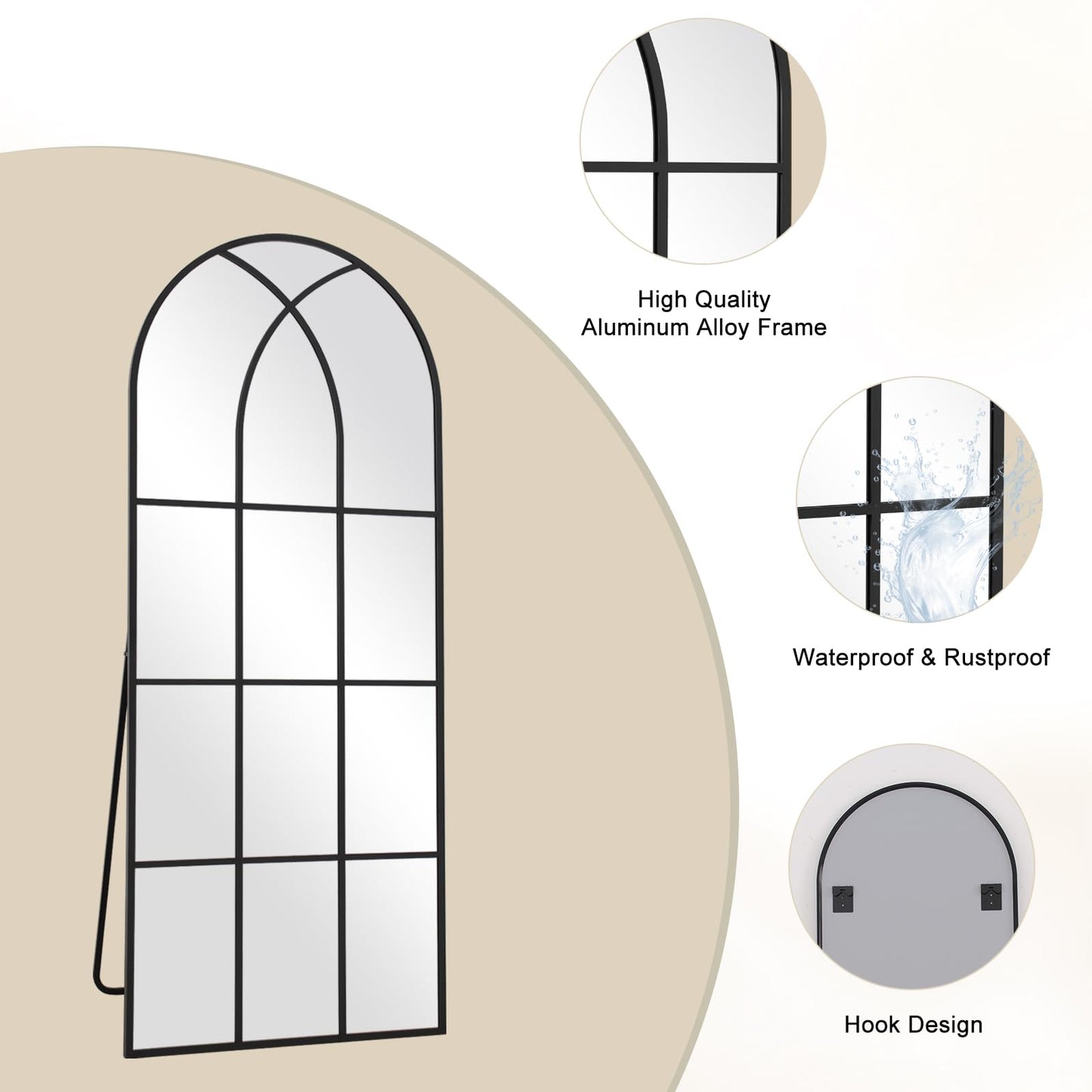 Arched Window pane Full Length Mirror 30"x71", Full Body Standing Mirror, Window Shaped Farmhouse Style with Aluminum Frame, Decor Wall Mirrors for Living Room, Courtyard, Bedroom, Entryway, Black