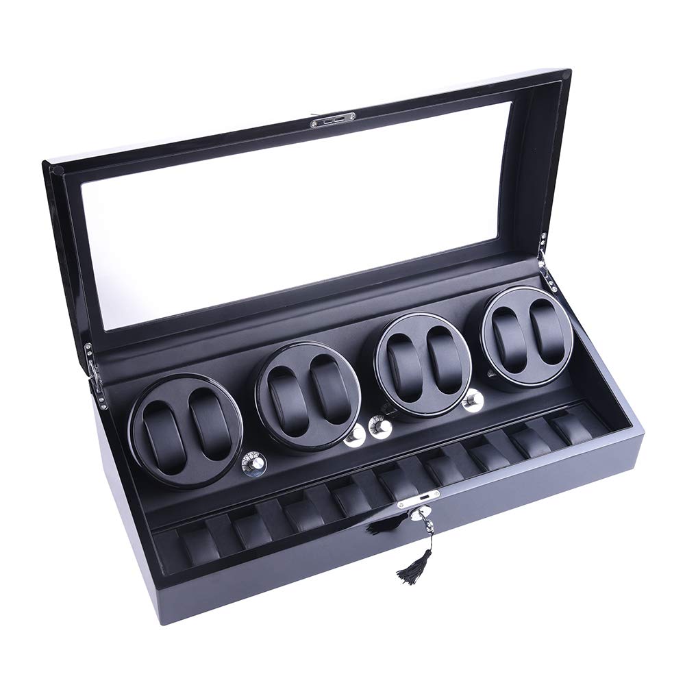 Luxury 4 Motor Quad Watch Winders for Automatic Watches, Safe & Wooden Display Box Case 8+9 Storage (Black)