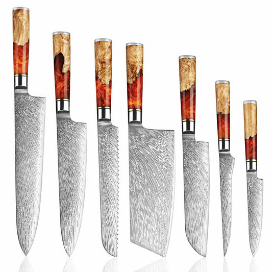 SENKEN 7-Piece Damascus Kitchen Knife Set - Tsunami Collection - 67-Layer Japanese VG10 Steel - Chef's Knife, Cleaver, Santoku, Bread, Boning, & More (Red Resin Blend)