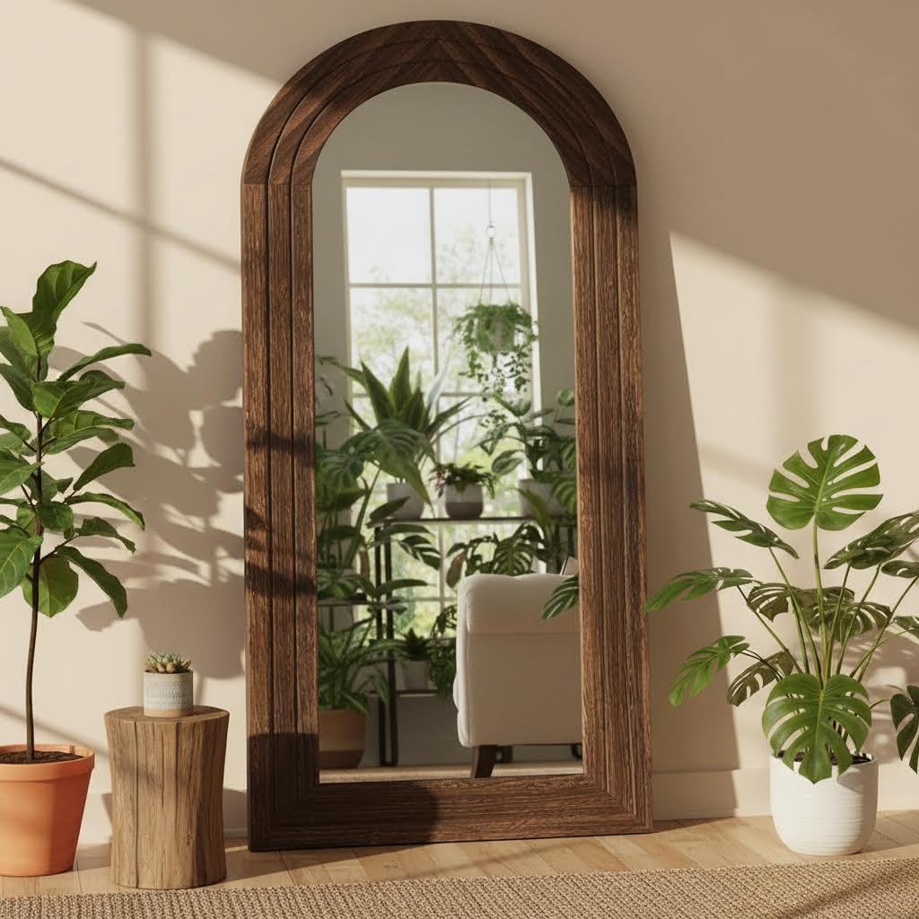 ITSRG Full Length Mirror with Solid Wood Frame, Arched Wall Miiror, 71x32 Farmhouse Wall Mounted Floor Mirror with Stand, Floor Mirror Freestading, Brown