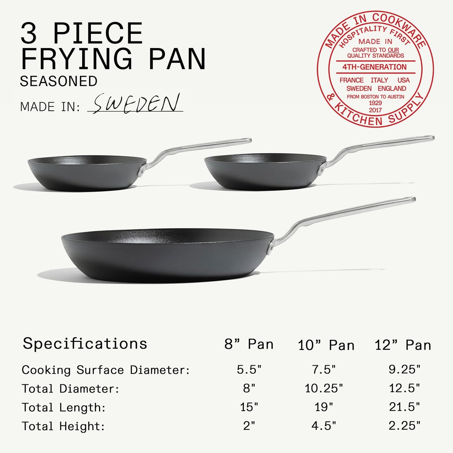 Made In Cookware | 3 Piece (Includes 8",10",12") Seasoned Blue Carbon Steel Frying Pan | Professional Cookware | Crafted in Sweden | Induction Compatible