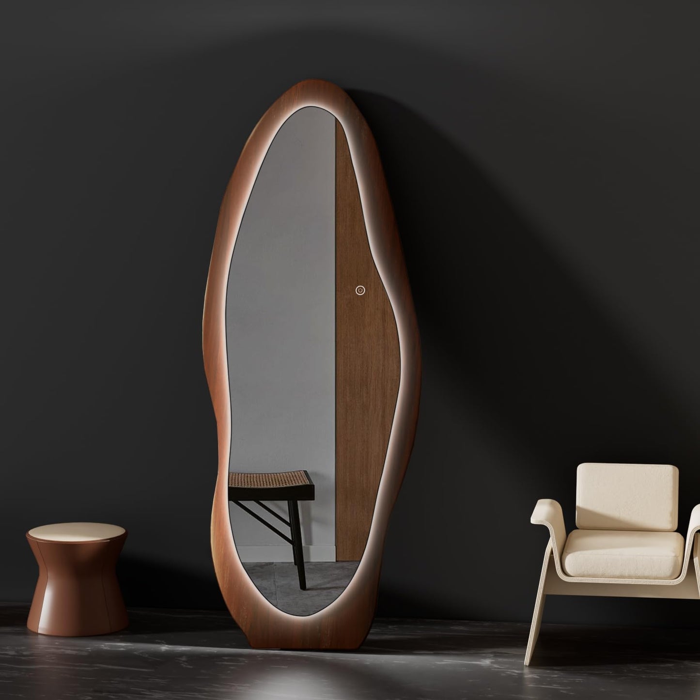 osemy 67"x 26" LED Wood Full Length Mirror with Lights Irregular Wavy Full Body Mirror Shatter-Proof Hanging/Leaning Wall Mounted Walnut Wooden Framed for Dressing Bedroom Living Room