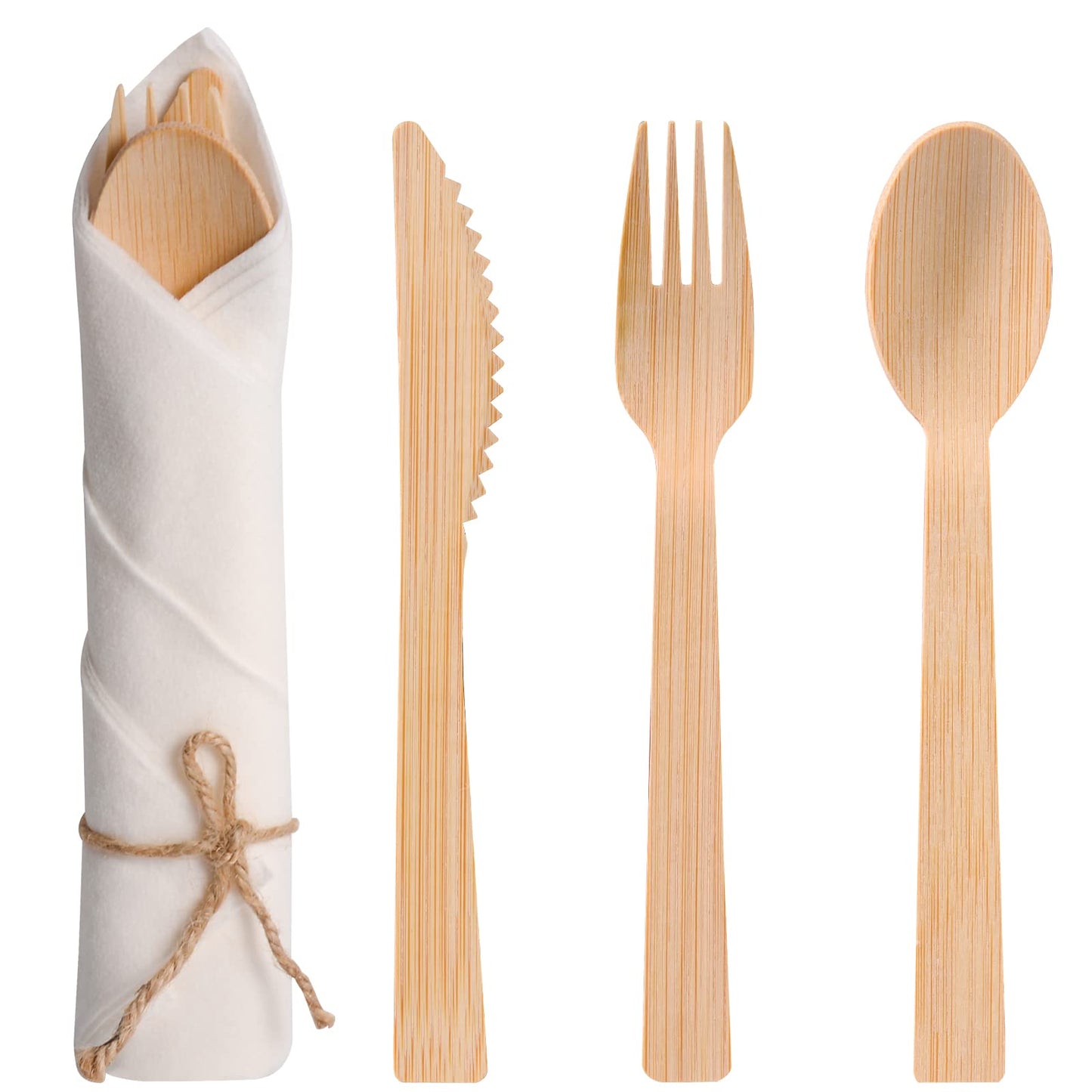 Pre Rolled Napkin and Bamboo Cutlery Set - 300Pack Bamboo Utensils/Compostable Cutlery(300 Forks, 300 Knives, 300 Spoons, 300 Napkins), Biodegradable Wrapped Cutlery for Party, Wedding, Events