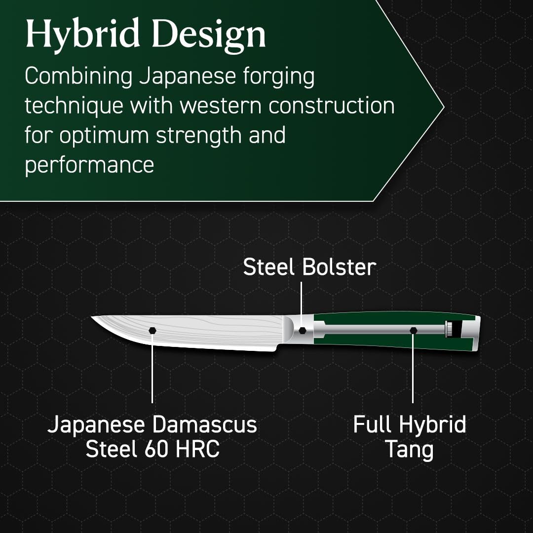 HexClad Green Steak Knife Set, 4-Pieces Damascus Stainless Steel Blades, Full Tang Construction, Pakkawood Handles
