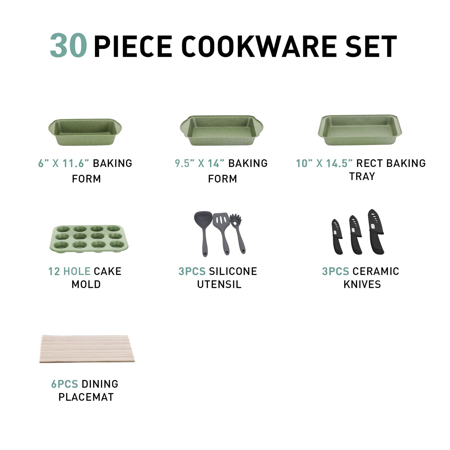 MAISON ARTS 30 Piece Pots and Pans Set Non Stick, Kitchen Cookware & Bakeware Sets with Nonstick Granite Coating, Baking Tray, Frying Pan and Saucepan, Green