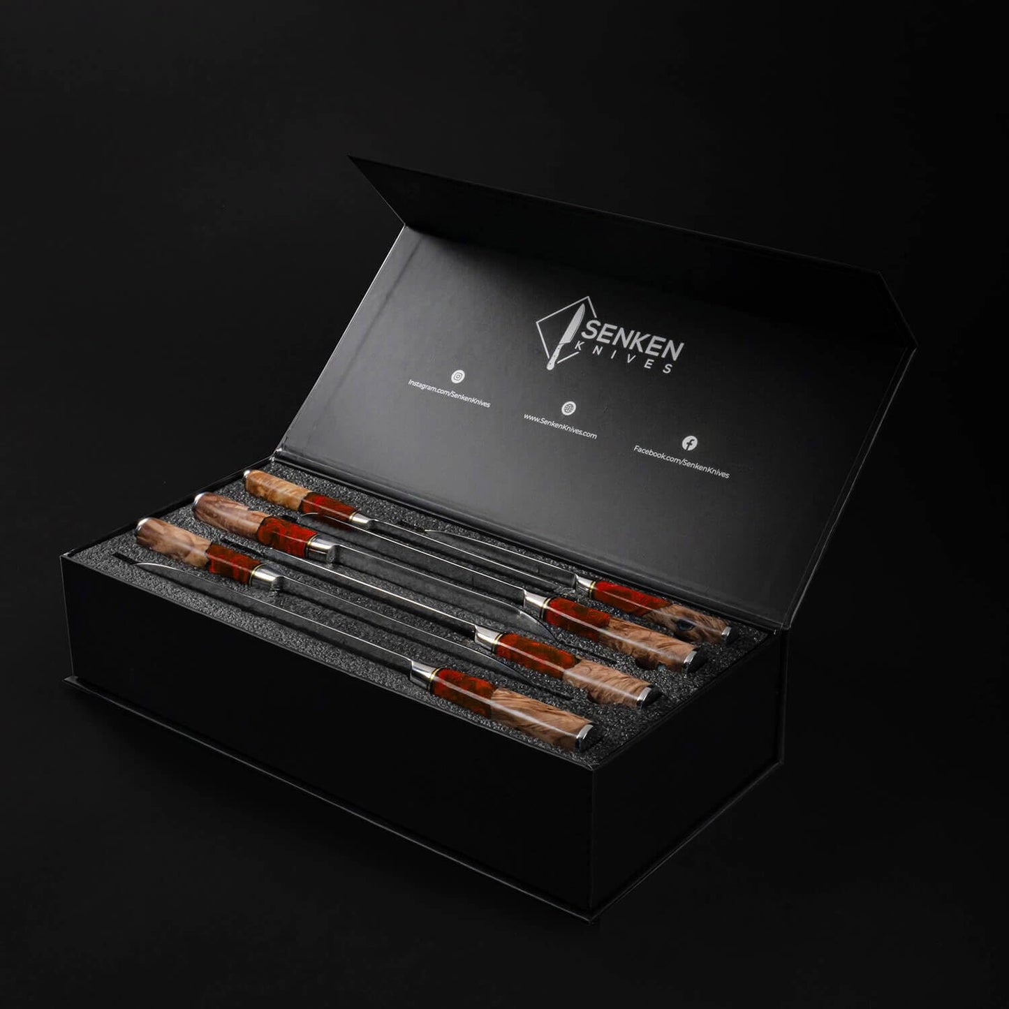 SENKEN 7-Piece Damascus Kitchen Knife Set - Tsunami Collection - 67-Layer Japanese VG10 Steel - Chef's Knife, Cleaver, Santoku, Bread, Boning, & More (Red Resin Blend)