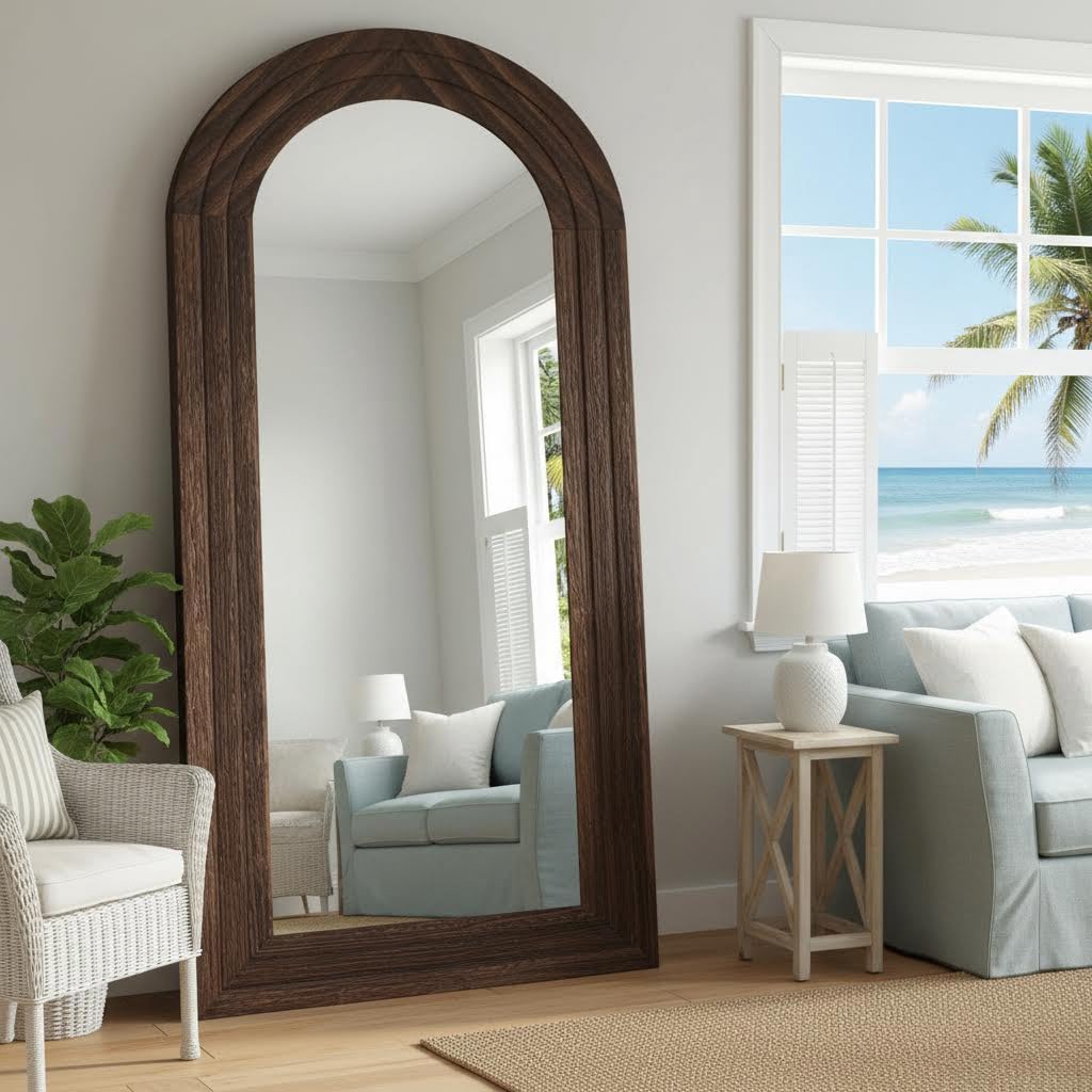 ITSRG Full Length Mirror with Solid Wood Frame, Arched Wall Miiror, 71x32 Farmhouse Wall Mounted Floor Mirror with Stand, Floor Mirror Freestading, Brown