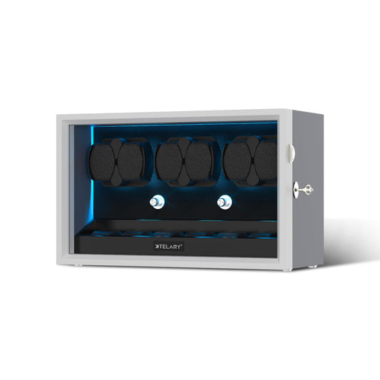 XTELARY Watch Winder for 6 Automatic Watches, Grey Lockable Automatic Winders with Extra 6 Watch Storages, 4 Rotation Modes, Flexible Watch Pillows, Quiet Mabuchi Motor, and Blue Backlight