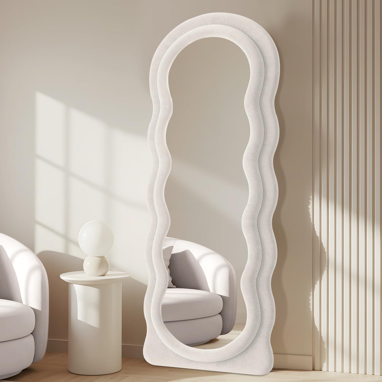 Anpark Full Length Mirror 71"x30" Arched Wavy Full Body Wall Mounted Floor Mirror Ivory Flannel Frame Leaning Hanging Wall Mirror for Bedroom Entrance