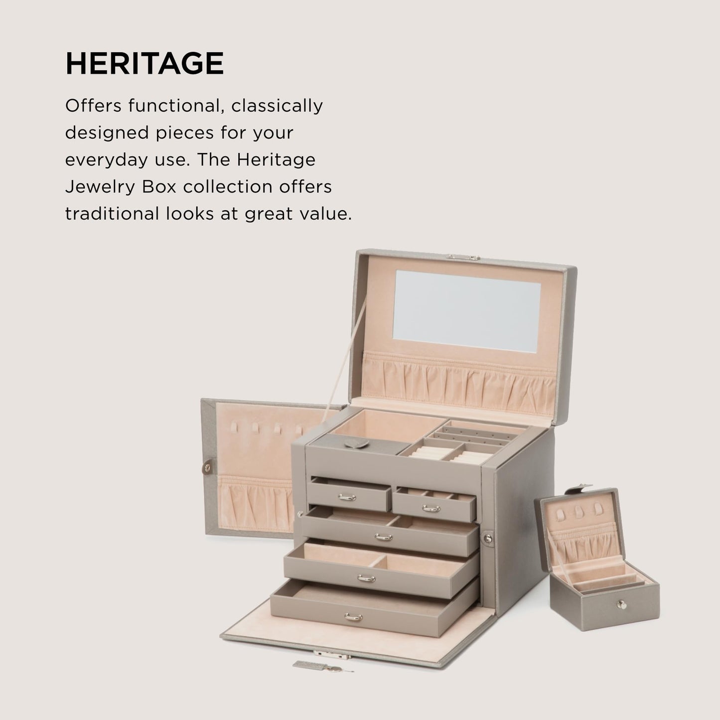 WOLF Heritage Medium Jewelry Box, Pewter - 28 Compartments, 10 Ring Rolls, 20 Earring Holes + 10 Necklace Compartments - Includes Travel Case