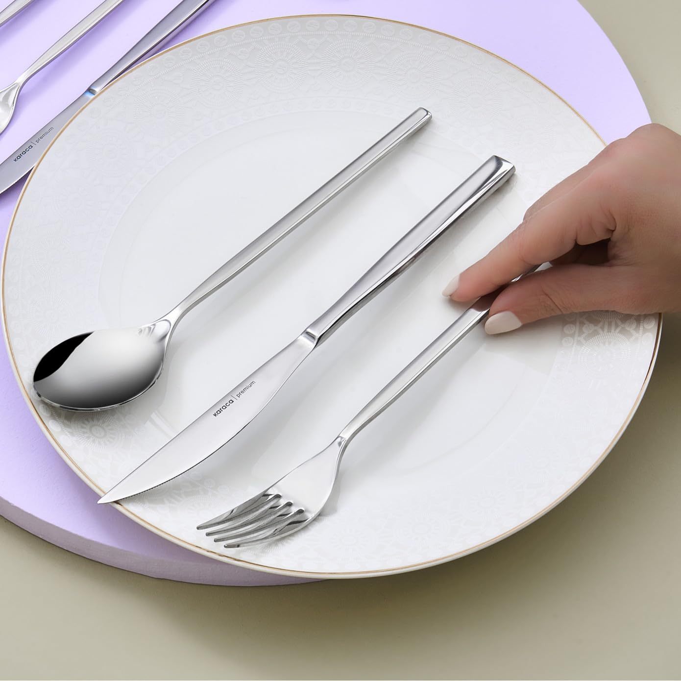 Karaca Carmelo 91 Piece Cutlery Set for 12 People – 18/10 Stainless Steel Flatware Set, Platinum Finish, Luxury Dinner Cutlery with Serving Utensils