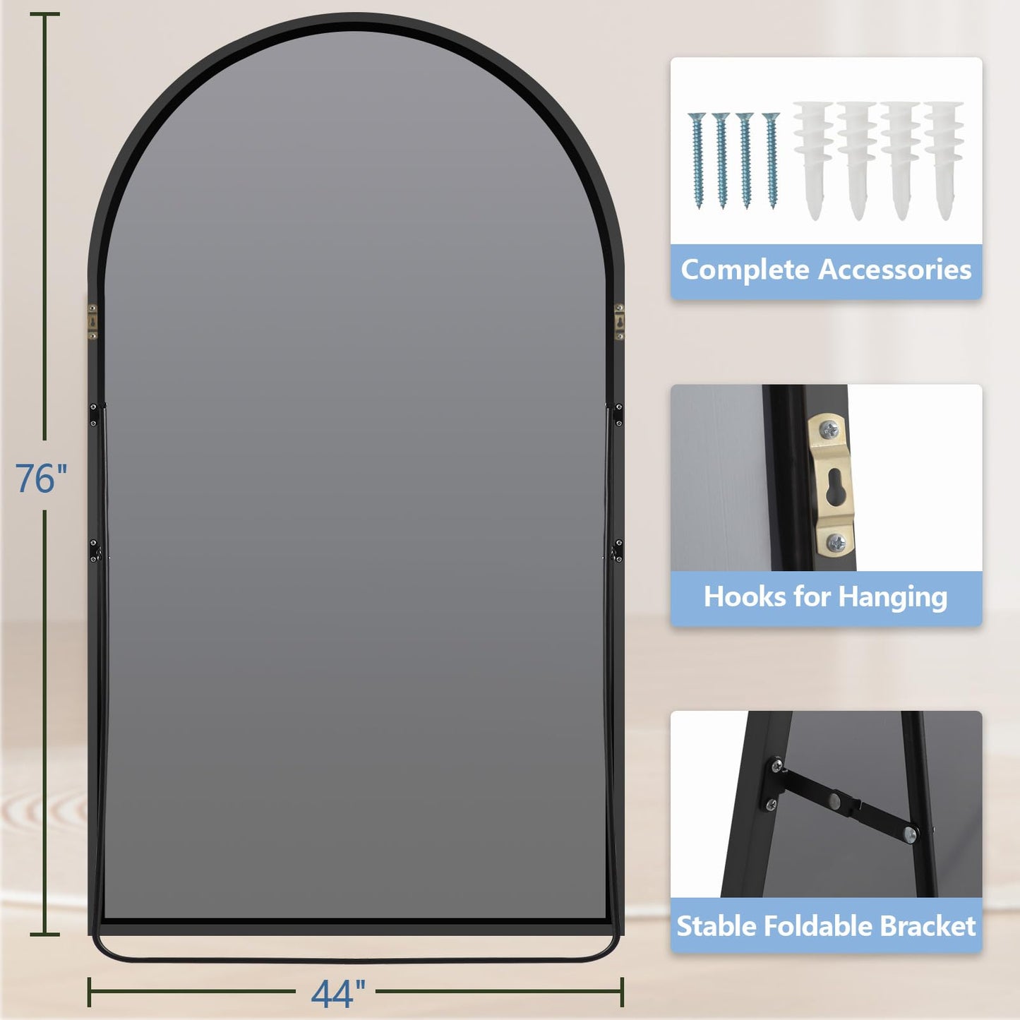 Arched Full Length Mirror, 76"X44" Oversized Black Floor Mirror Full Length, Tempered Glass Large Free Standing Mirror for Bedroom Living Room Clothing Store Gym, Aluminum Alloy Frame