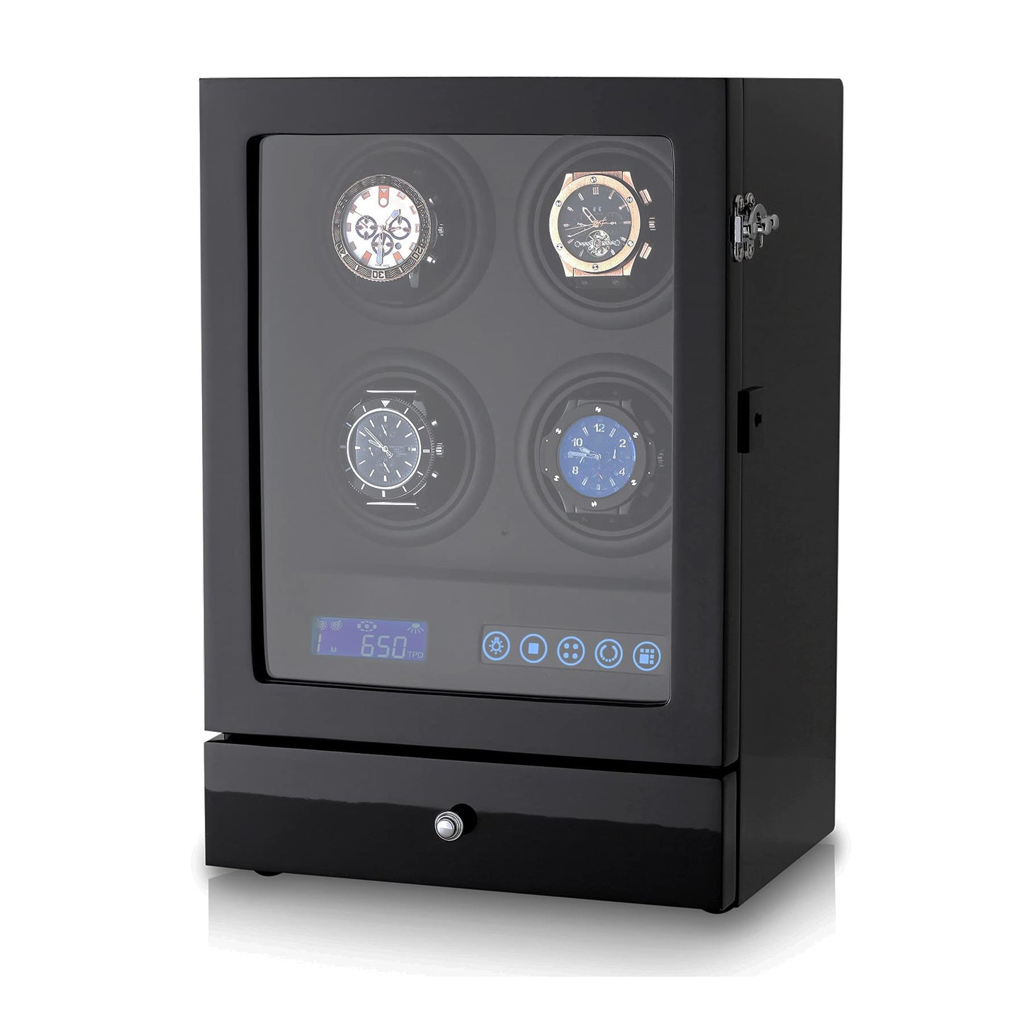 Automatic Watch Winder with LED Light, Storage Drawer and LCD Touchscreen Control (Black + Black)