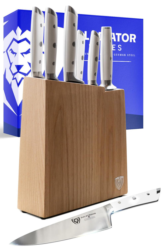 Dalstrong Knife Set Block - 8 Piece - Gladiator Series - German High Carbon Steel Kitchen Set - Premium Food-Grade White ABS Polymer Handles - NSF Certified