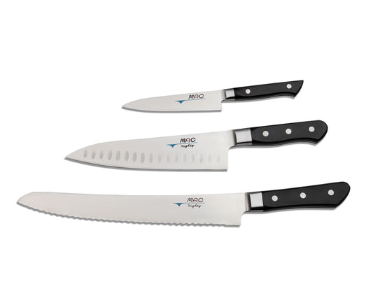 MAC Knife set Professional series 3-piece PRO-31, MTH-80 Pro series 8" Chef's knife w/dimples, PKF-50 Pro series 5" Paring knife, MSB-105 Pro series 10.5" Bread/Roast slicer, made in Japan