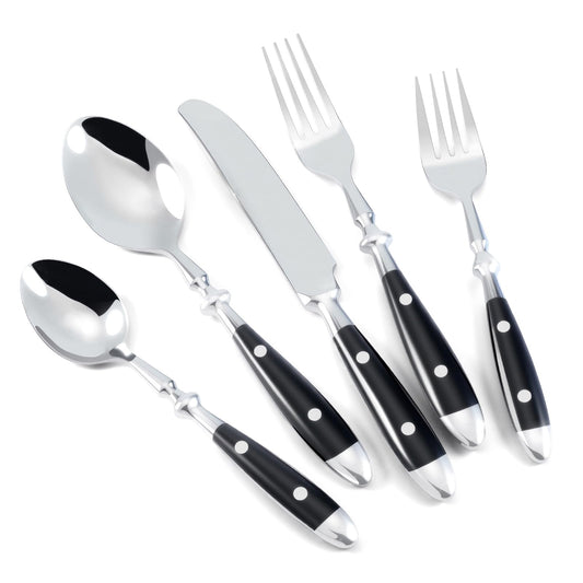 Kelenfer Silverware Set 60-Piece 18/10 Stainless Steel Black Vintage Flatware Handle Luxury Cutlery Service for 12