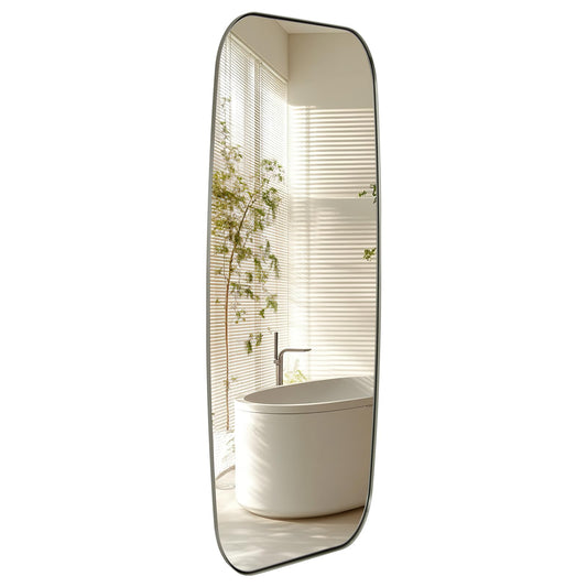 ANDY STAR 18x48 Full Length Wall Mirror, Brushed Nickel Oblong Shaped Body Mirror with Stainless Steel Metal Frame, Rounded Corner Design for Floor and Leaning