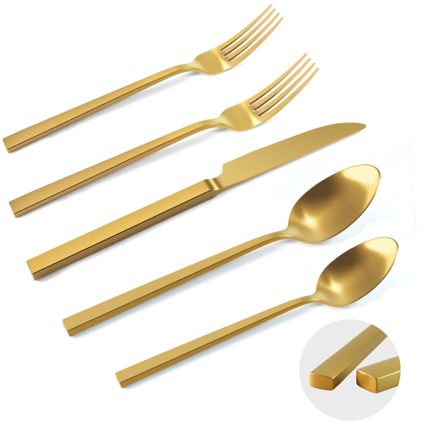 SILWELL Gold Silverware Set 60-Piece 18/10 Stainless Steel Cutlery Matte Polished Cuboid Handle Flatware Sets Service for 12