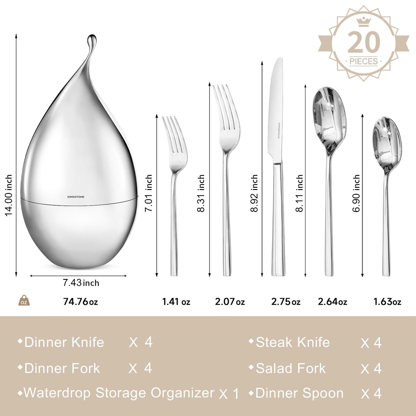 KINGSTONE Silverware Set with Waterdrop Storage Organizer, 20-Piece Forged Flatware Cutlery Set in Gift Box, Premium Stainless Stee Service for 4, Mirror Polished, Ideal for Kitchen, Wedding, Gift