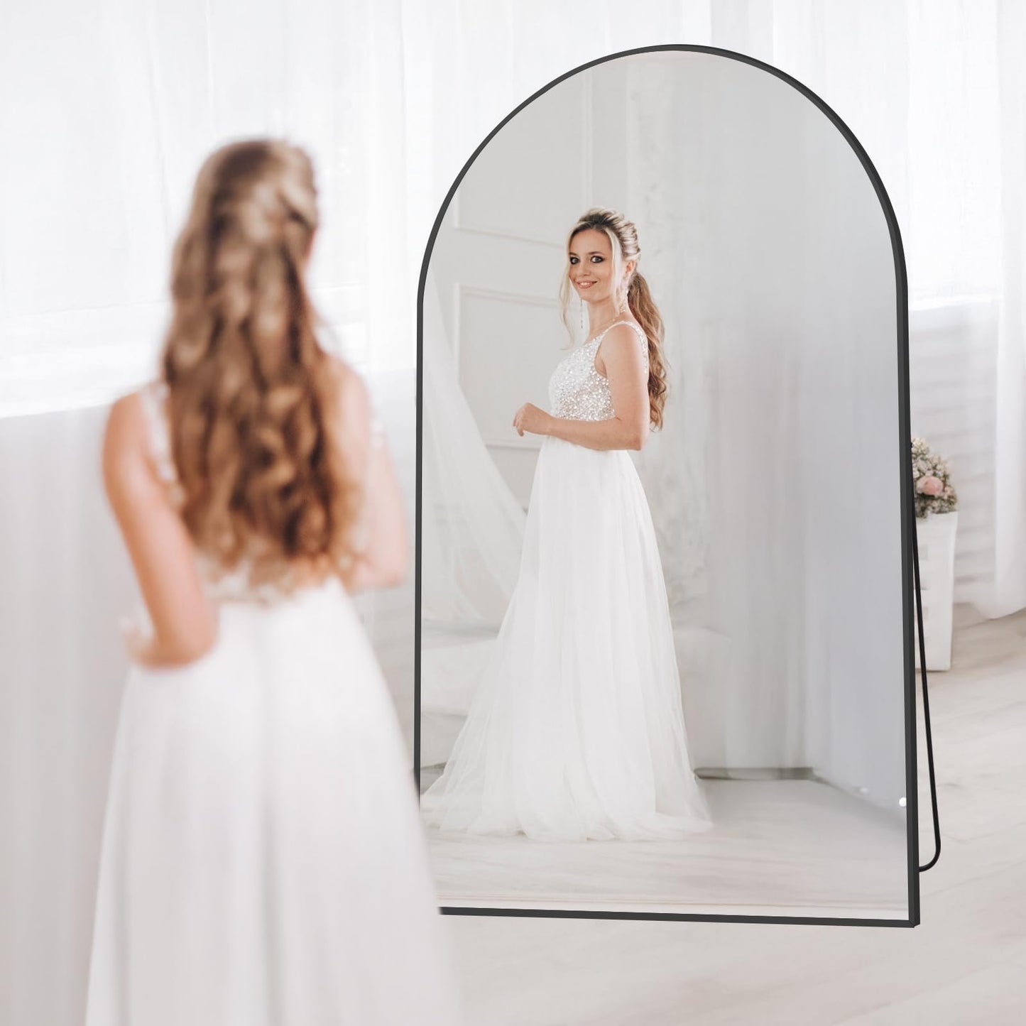 Arched Full Length Mirror, 76"X44" Oversized Black Floor Mirror Full Length, Tempered Glass Large Free Standing Mirror for Bedroom Living Room Clothing Store Gym, Aluminum Alloy Frame