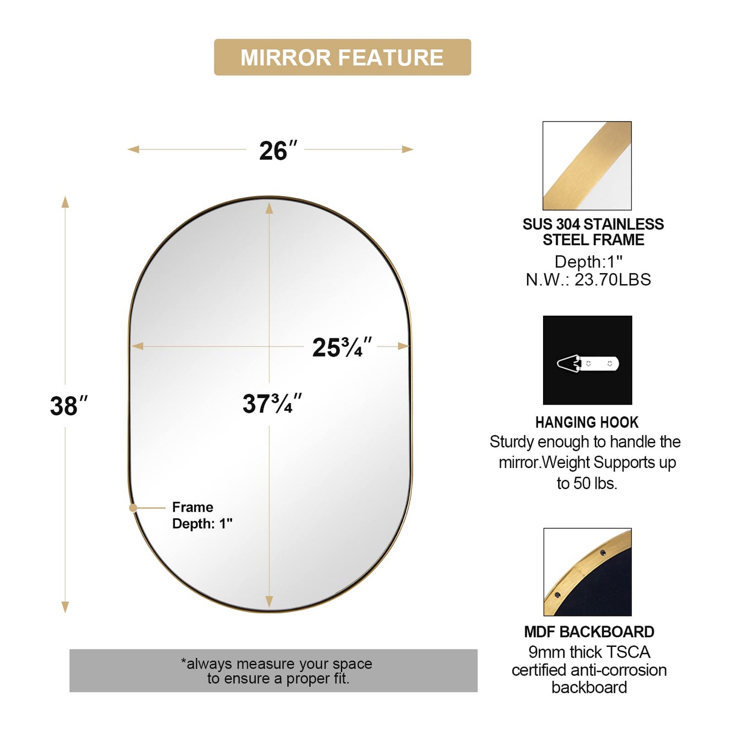 ANDY STAR 26x38 Inch Gold Oval Mirror, Oval Brass Mirror Pill Shaped Stainless Steel 1’’ Deep Metal Frame Wall Mounted Vertically & Horizontally Ideal for Limited Space