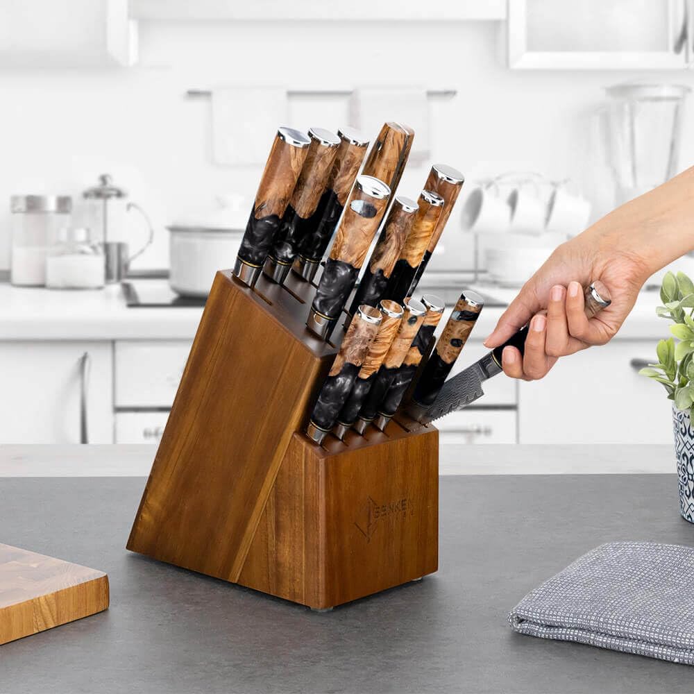 SENKEN 15-Piece Damascus Knife Block Set - Black Tsunami Collection - Japanese Chef Knife Set with 67-Layer Japanese VG10 Steel Blades (15-Piece Knife Block Set)