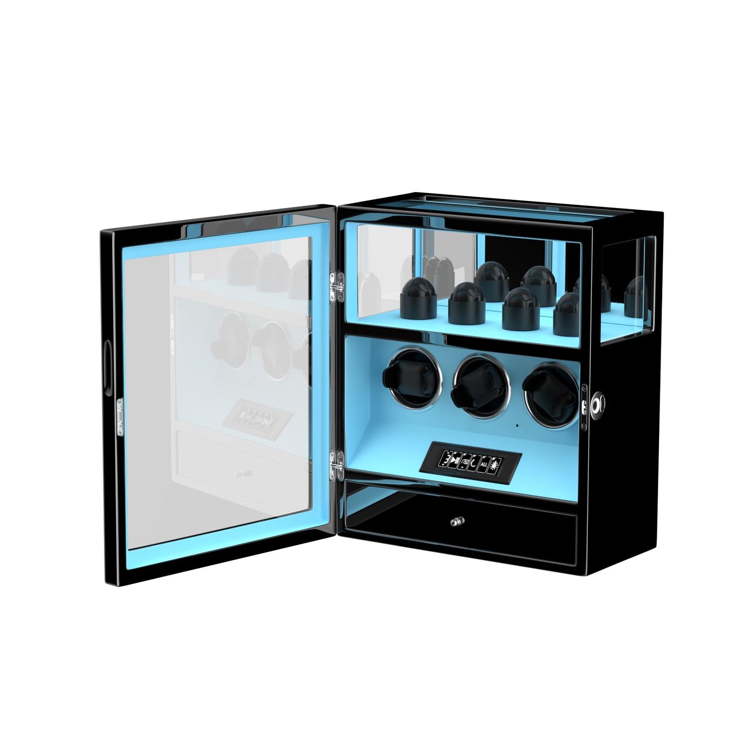 DUKWIN Watch Winder, Fingerprint Lock Automatic Watch Winder for 3 Watches with 4 Holders,300-2300 TPD,Digital Display, Remote Control,Jewelry Storage and Adjustable Watch Pillow and LED Light,Blue