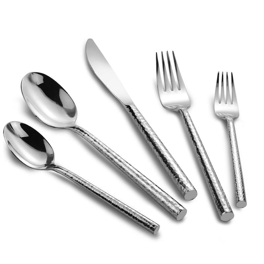 Kelenfer 18/10 Stainless Steel Flatware Set Hand Forged Silverware Set Cutlery Set Round Hammered Handle Mirror Finished Heavy Duty 60 Pieces Service for 12