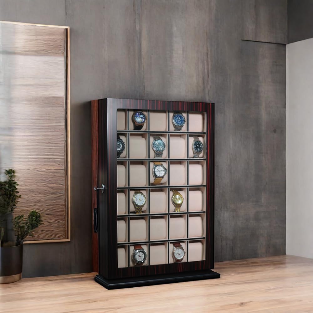 TIMELYBUYS 30 Piece Ebony Wood Watch Display Wall Hanging Case and Storage Organizer Box and Stand Father's Day Gift