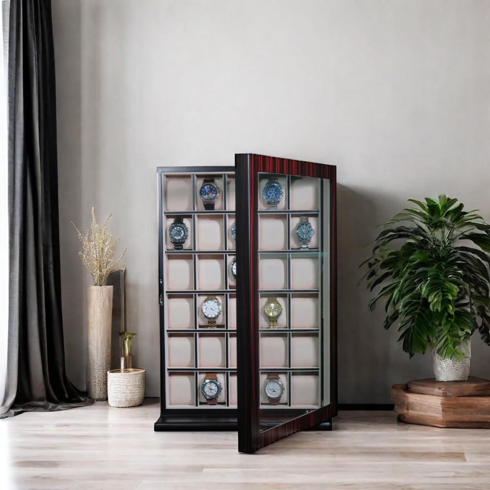 TIMELYBUYS 30 Piece Ebony Wood Watch Display Wall Hanging Case and Storage Organizer Box and Stand Father's Day Gift