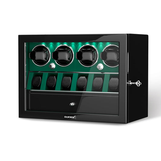 DUKWIN Watch Winder for 4 Automatic Watches,Lockable Watch Winders with Watch and Jewelry Storages, Super Quiet Mabuchi Motor with High-Gloss Piano Lacquer Finish,Built-in Illumination-Green