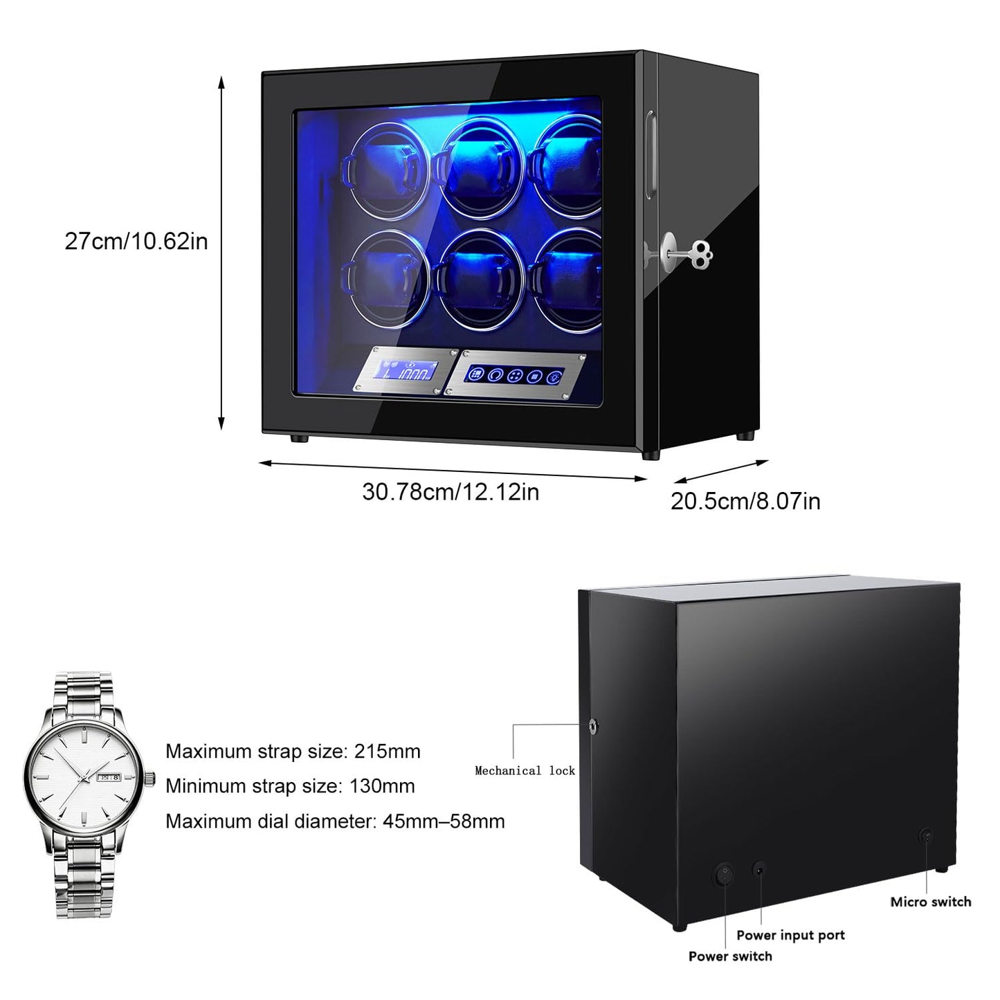 GCCRGRC Watch Winder 6 Slots Automatic Watches,Ultra-Quiet Japanese Motors, Built-in LED Illumination and LCD Touchscreen Control