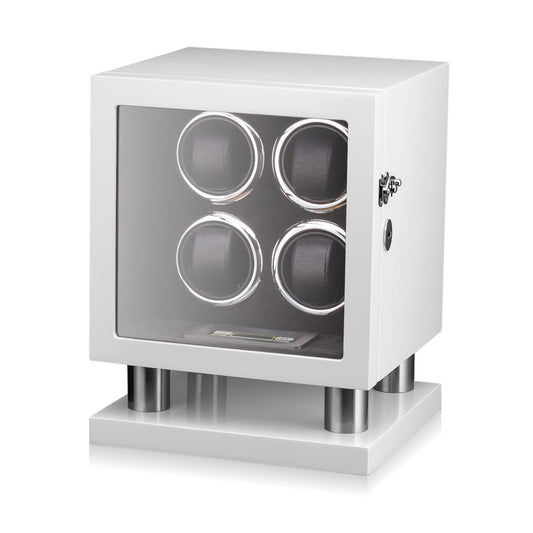 Watch Winder for 4 Watches with LED Backlight, LCD Display and Motor-Stop Option (White & Black)