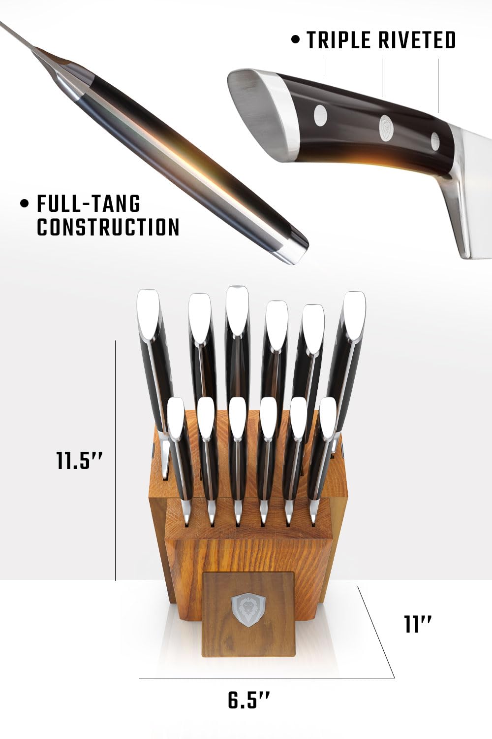 Dalstrong 12-Piece Elite Knife Block Set — German High-Carbon Steel, Full-Tang, Hand-Polished — Chef + Santoku + Nakiri + Boning + Fillet + 6 Steak — Gladiator Series Manchurian Ash Block, NSF