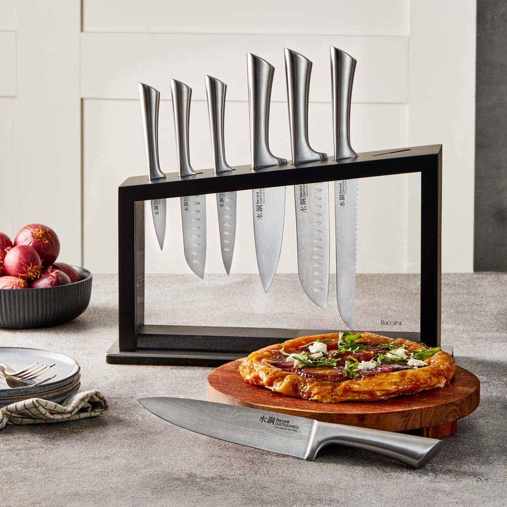 Cuisine::pro Damashiro 8-Piece Satori Knife Block - Japanese Steel Knife Set with Acacia Wood Knife Block -Damascus-Inspired Blade