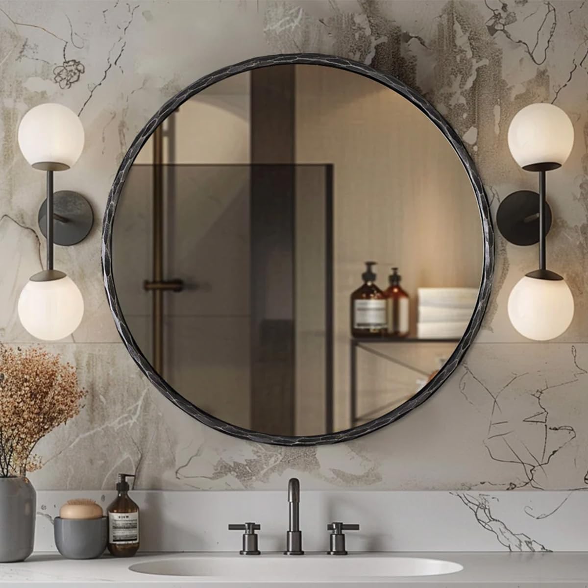 ANDY STAR Hand-Forged Round Mirror for Wall, 36 Inch Black Solid Steel Metal Frame Circle Mirror, Antique Hammered Rounded Bathroom Mirror for Living Room, Bedroom, Entryway, Vanity