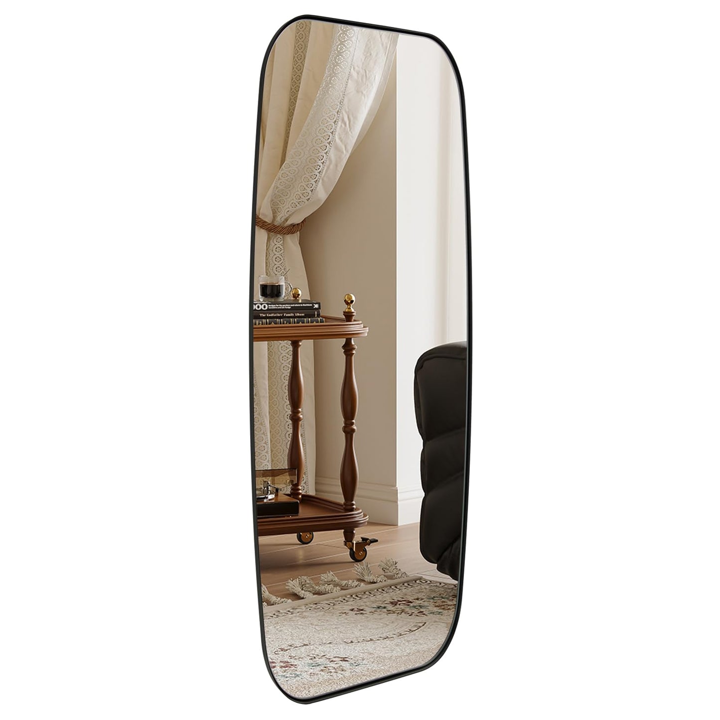 ANDY STAR 18x48 Full Length Wall Mirror, Matte Black Oblong Shaped Body Mirror with Stainless Steel Metal Frame, Rounded Corner Design for Floor and Leaning